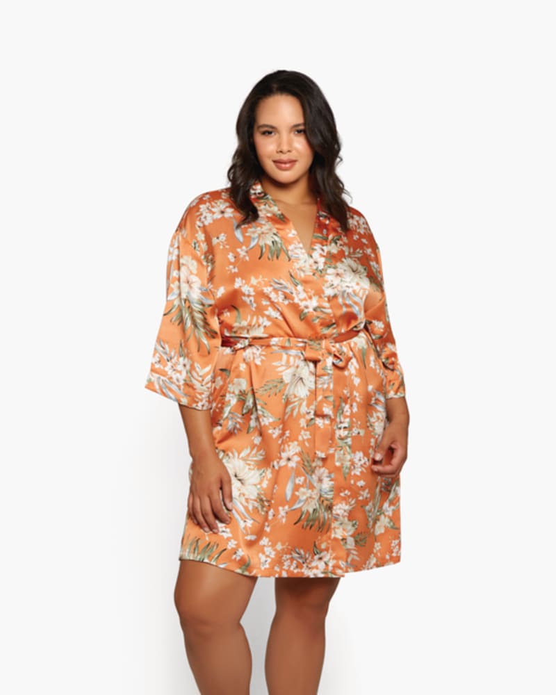 Front of a model wearing a size 1X Bella Floral-Print Satin Robe in Coral by iCollection. | dia_product_style_image_id:253828